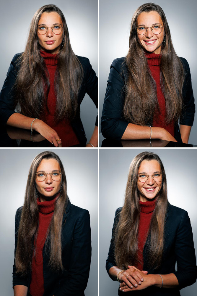 Portrait élégant de Marie, capturé dans un studio moderne au cœur du 2e arrondissement parisien.