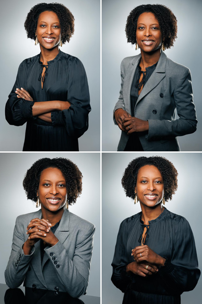 Portrait vertical d’avocate en studio, arrière-plan sobre et lumière maîtrisée