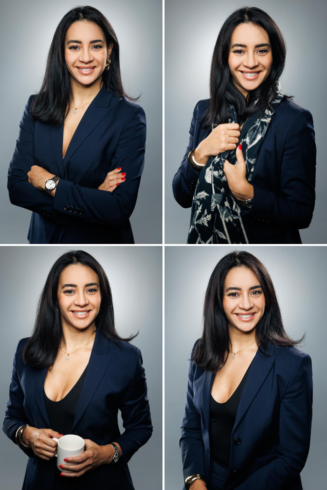 Portrait professionnel femme posant verticalement pour profil LinkedIn à Paris 2ème arrondissement