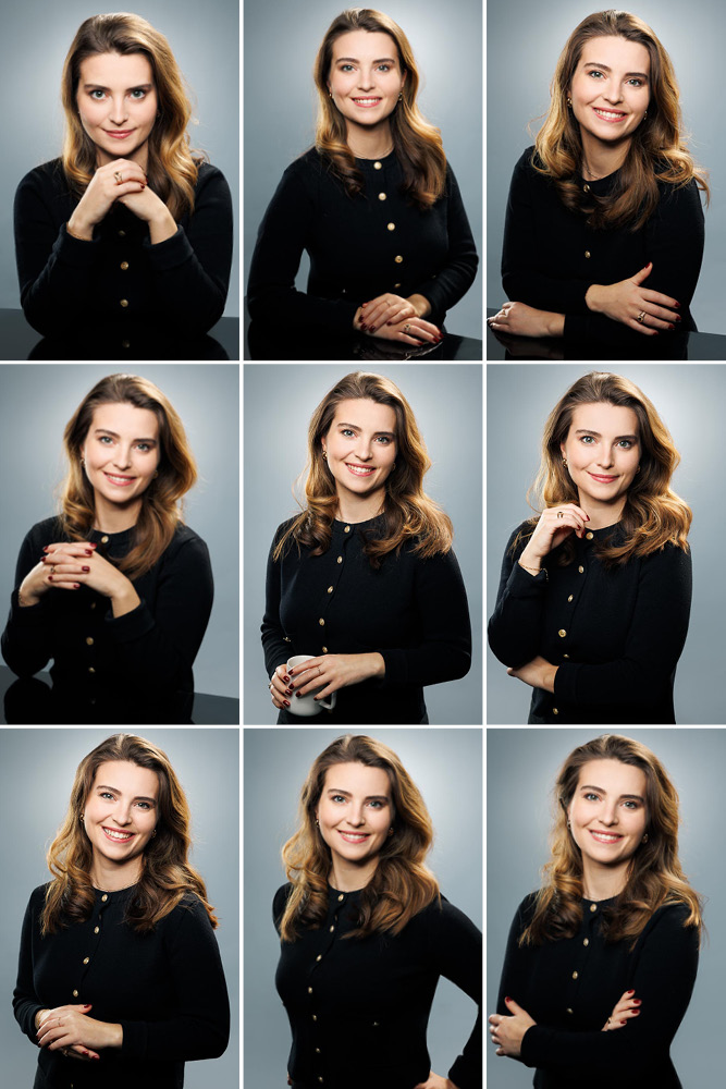 Portrait vertical professionnel d'une femme confiante avec expression engageante et élégante.