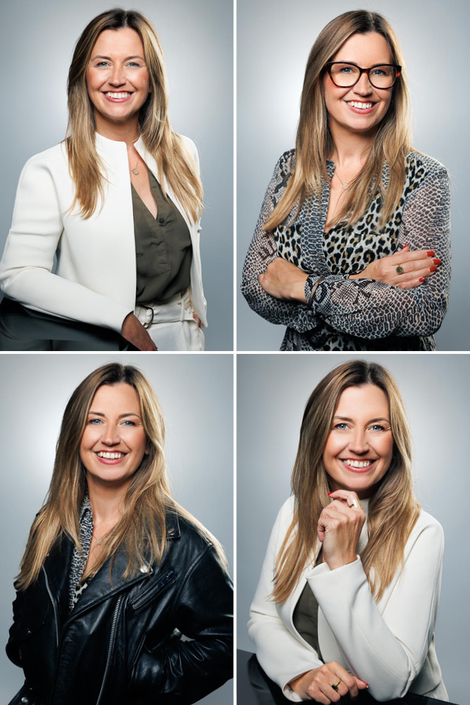 Portrait vertical de Marie affichant confiance et sérieux dans un environnement corporate.