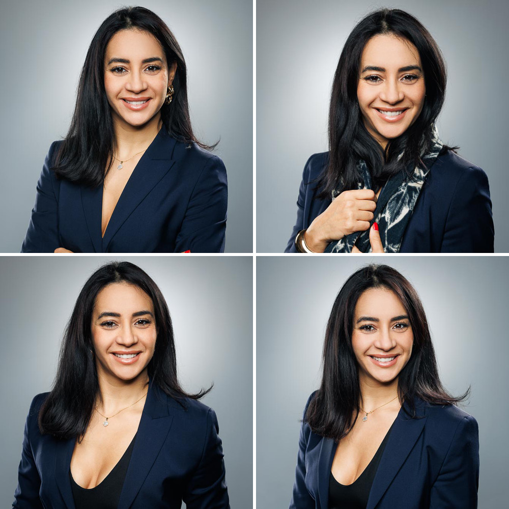 Portrait professionnel d'une collaboratrice en studio pour trombinoscope d'entreprise.