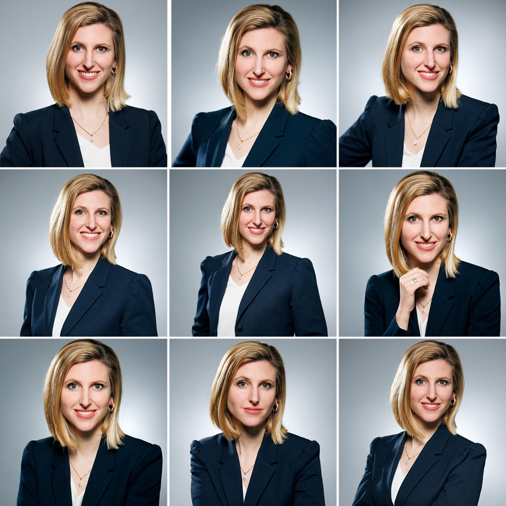 Portrait professionnel d'une collaboratrice en studio pour trombinoscope d'entreprise.