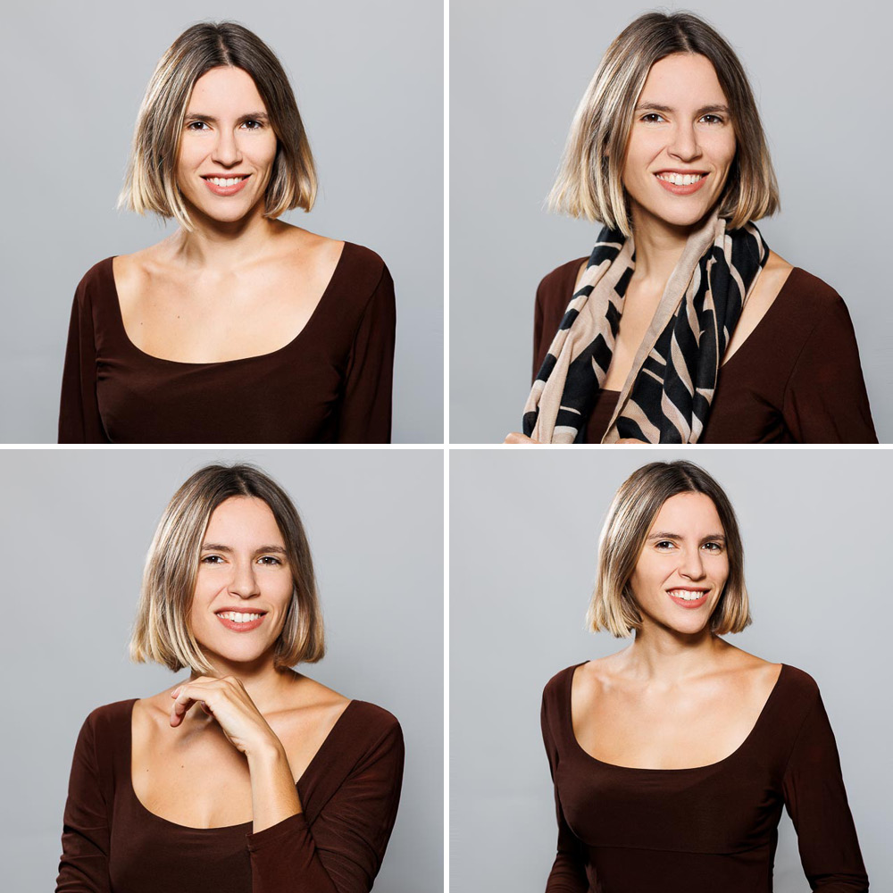 Portrait professionnel d'une collaboratrice en studio pour trombinoscope d'entreprise.