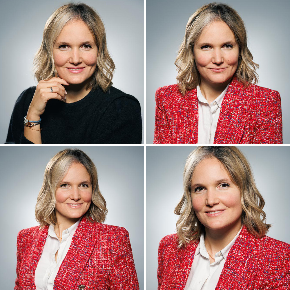 Portrait de dirigeante professionnelle en studio, souriante et confiante.